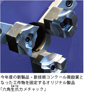 今年度の新製品・新技術コンクール奨励賞となった工作物を固定するオリジナル製品「六角生爪（なまづめ）カメチャック」