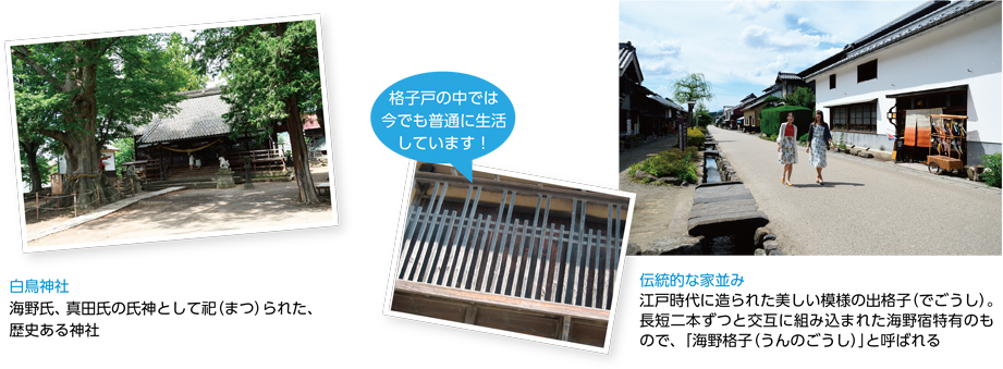 白鳥神社 海野氏、真田氏の氏神として祀（まつ）られた、歴史ある神社／伝統的な家並み 江戸時代に造られた美しい模様の出格子（でごうし）。長短二本ずつと交互に組み込まれた海野宿特有のもので、「海野格子（うんのごうし）」と呼ばれる／格子戸の中では今でも普通に生活しています！