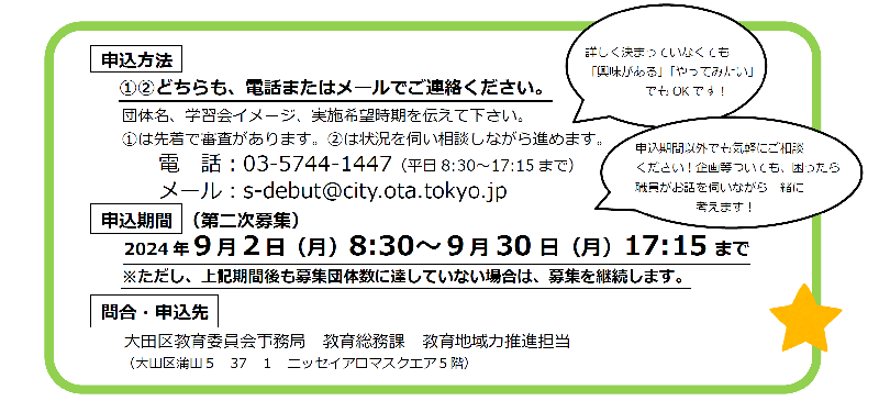 （1）（2）どちらも、電話またはメールでご連絡ください。団体名、学習会イメージ、実施希望時期を伝えて下さい。（1）は先着で審査があります。（2）は状況を伺い相談しながら進めます。