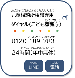 5つ目。児童相談所相談専用ダイヤル。電話番号0 1 2 0、1 8 9、7 8 3いち早くお悩みを。