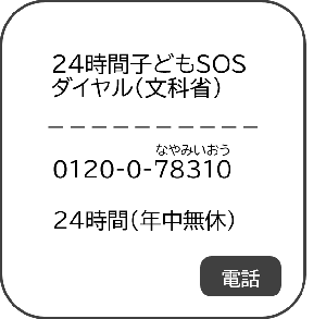 8つ目。二十四時間子どもSOSダイヤル。電話番号は、0120,0、78310。なやみいおうです。